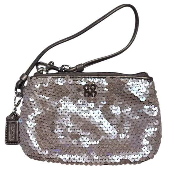 COACH Y2K Metallic Sequin Mini Wristlet Light Mocha Zip Evening Travel Glam Chic - Picture 3 of 11